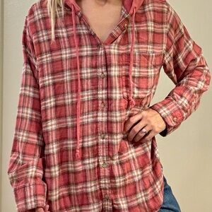 Plaid Button-Up Hoodie - Red